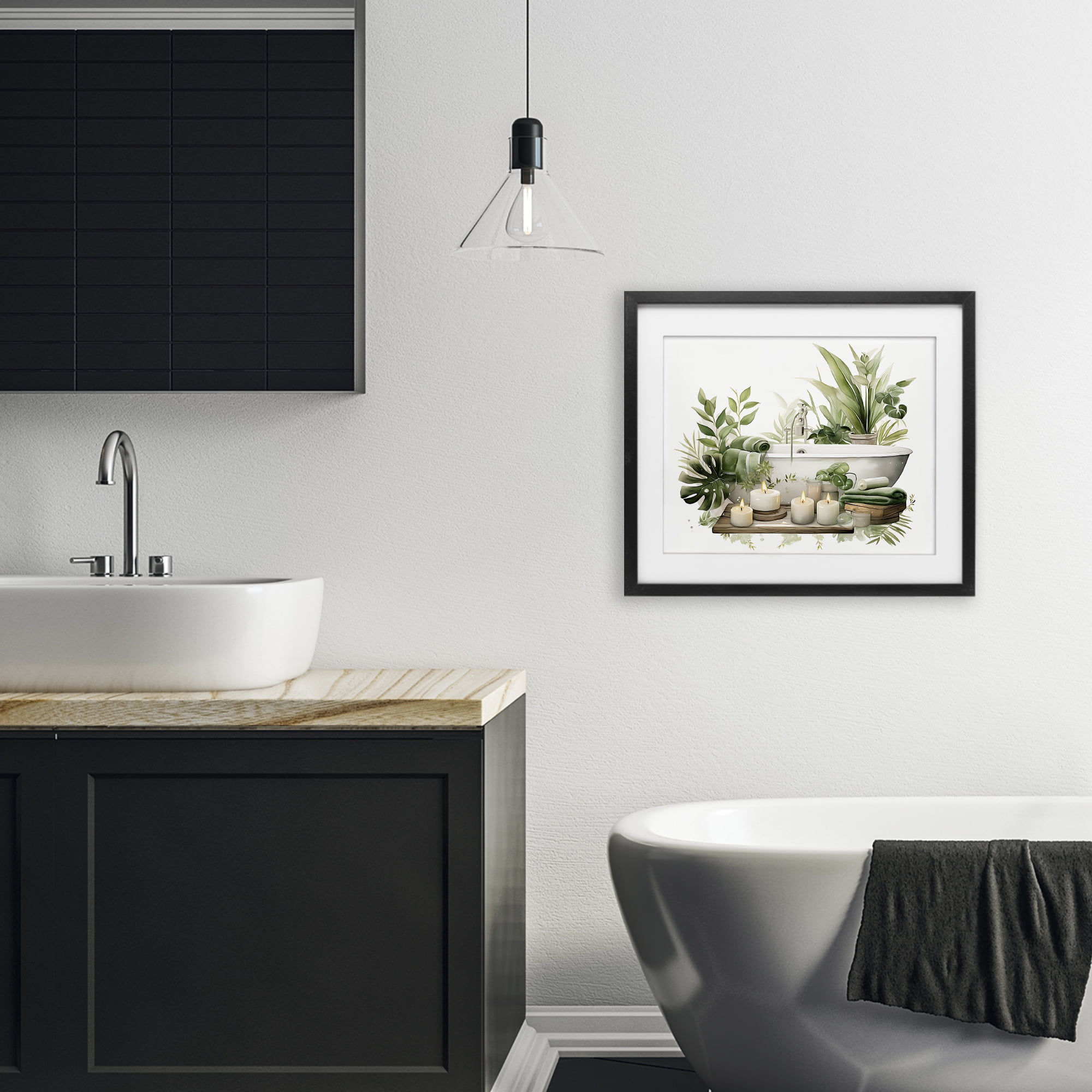 Tropical Zen Bathtub Black Framed Print Under Glass, design by Lettered and Lined