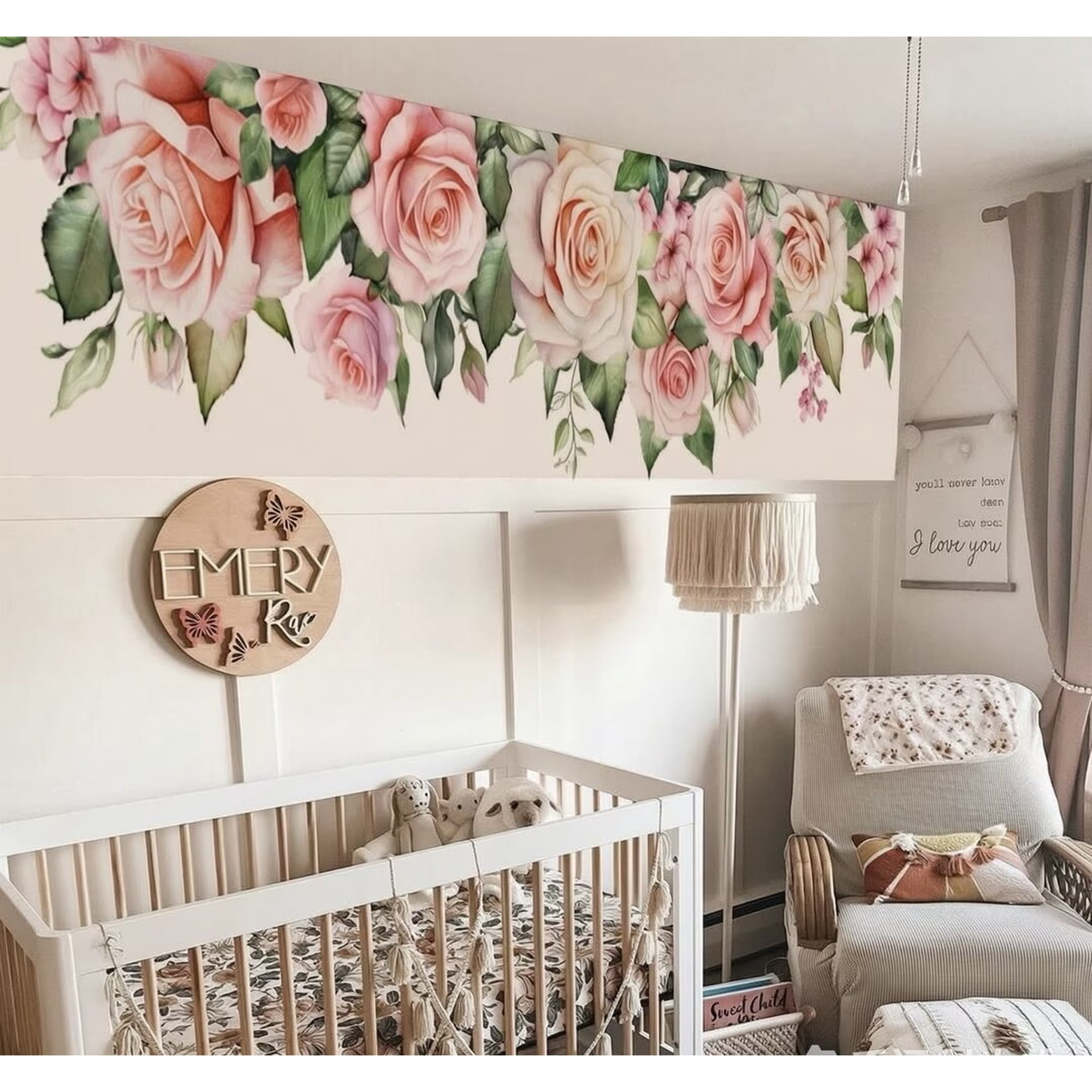 4 Sheets Giant Peony Rose Wall Decals Watercolor Rose Bouquet Flowers Wall Stickers DIY Peel and Stick Floral Green Leaf Corner Wall Decor for Kids Girls Bedroom Living Room Nursery