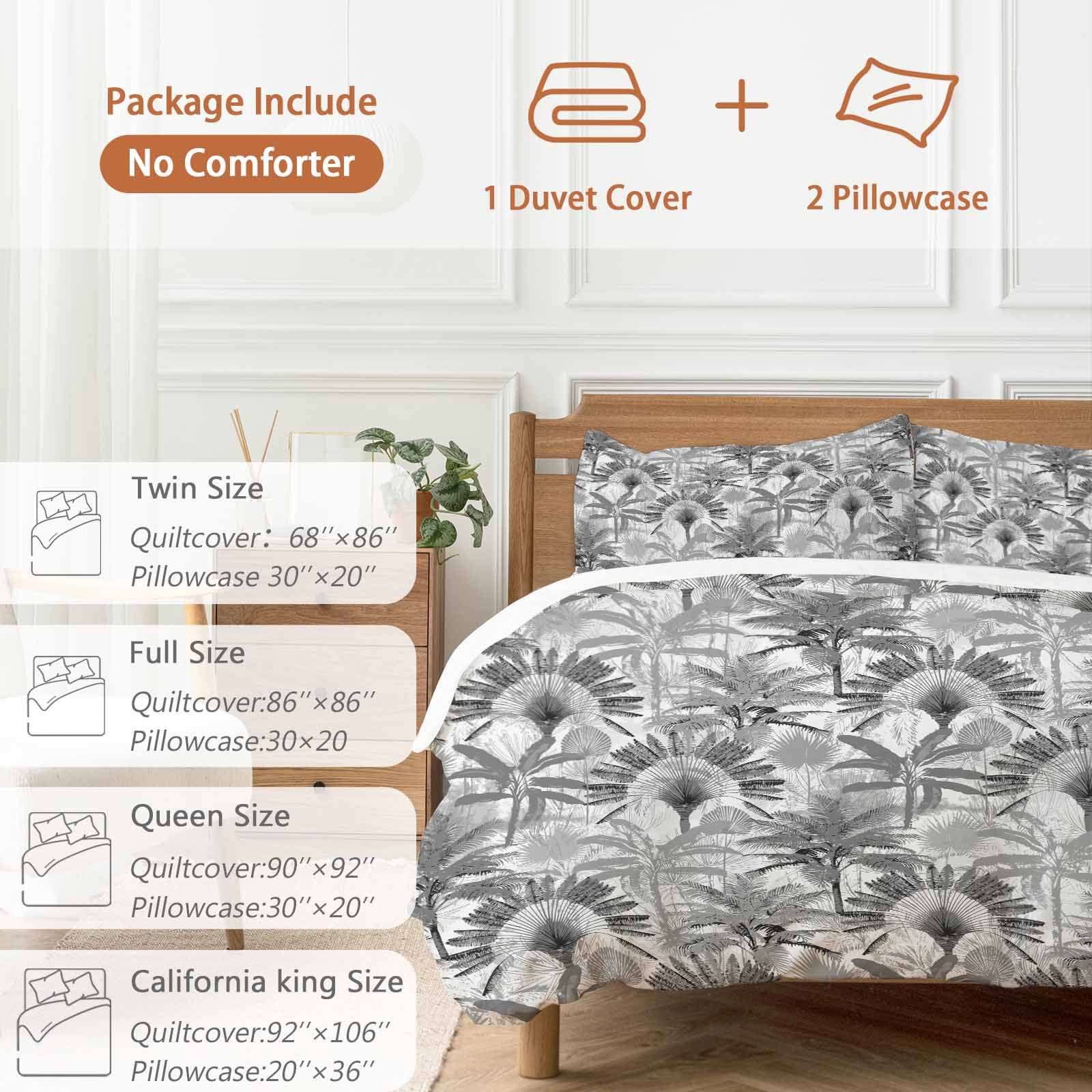 Grey Tropical Leaves Bedding 3 Piece Duvet Cover Set Full Size, Summer Palm Trees Botanical Soft Microfiber Comforter Cover with Zipper Closure & Pillowcases, Wrinkle & FadeResistant Quilt Cover