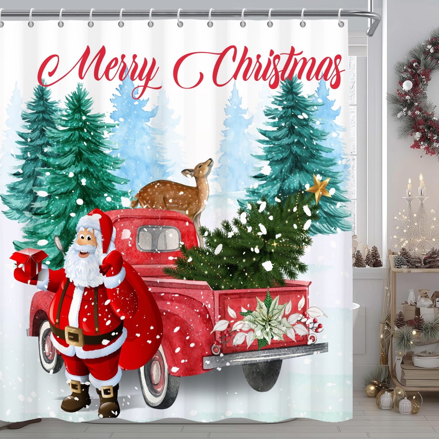 Mizhona Merry Christmas Shower Curtain Xmas Tree Snowman Red Truck for Bathroom Holiday Winter New Year Waterproof Decor 72"x78"