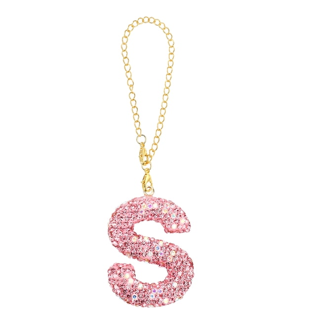 Encanto de letra inicial, encanto de letra S con piedras de rhinestone rosa, colgantes decorativos de llavero de alfabeto, rosa