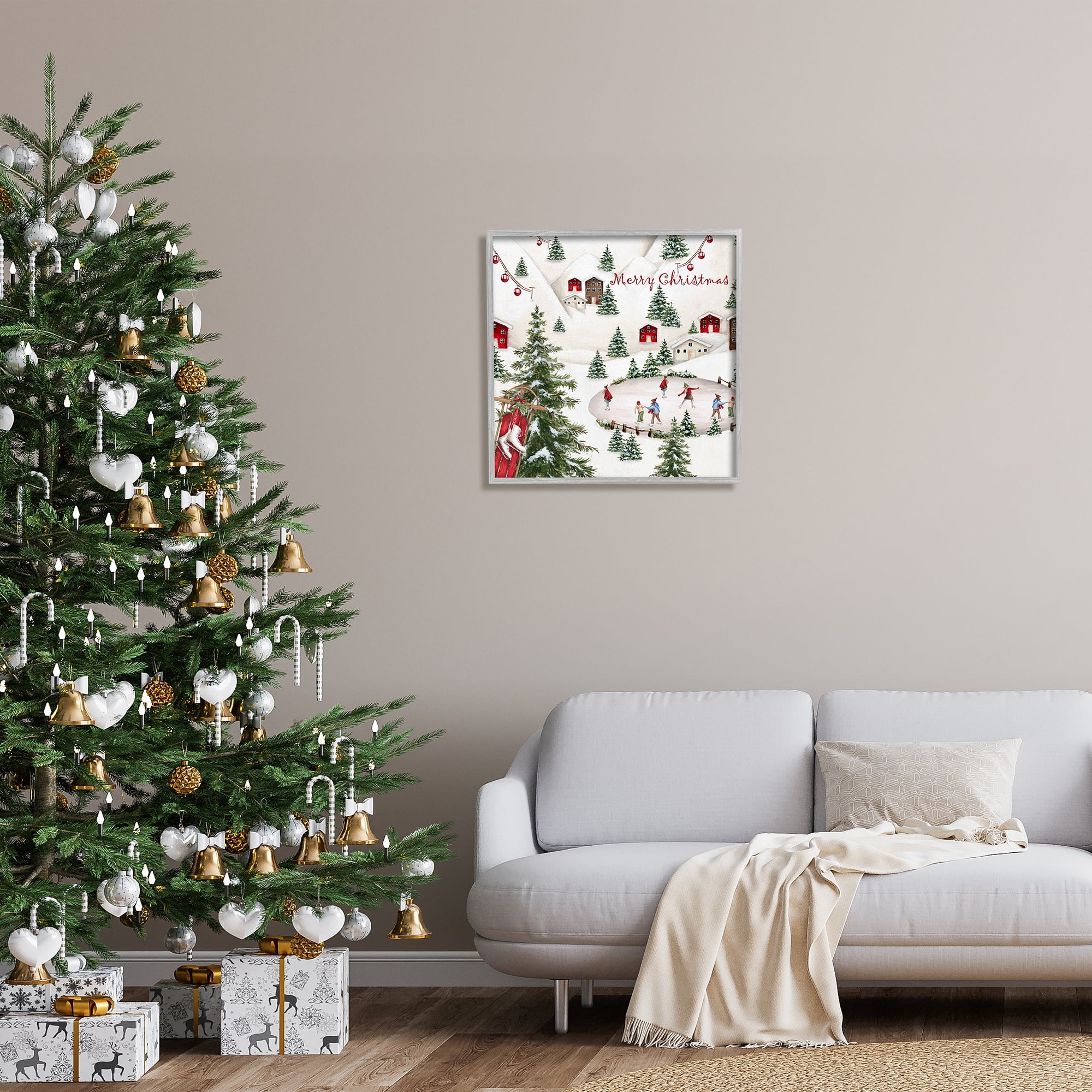 Stupell Industries Christmas Town Ice Skating Holiday Painting Gray Framed Art Print Wall Art, 24 x 24