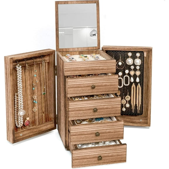DERCLIVE 5-Layer Wooden Jewelry Box for Women, Large Organizer Box with Mirror & 4 Drawers for Rings, Earrings, Necklaces, Vintage Style