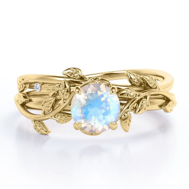JeenMata Juego de Boda de Piedra Lunar Azul Facetada Redonda de 0,50 Quilates Anillo de Piedra Lunar Vintage Intrincado: Oro Amarillo de 18 K sobre Plata