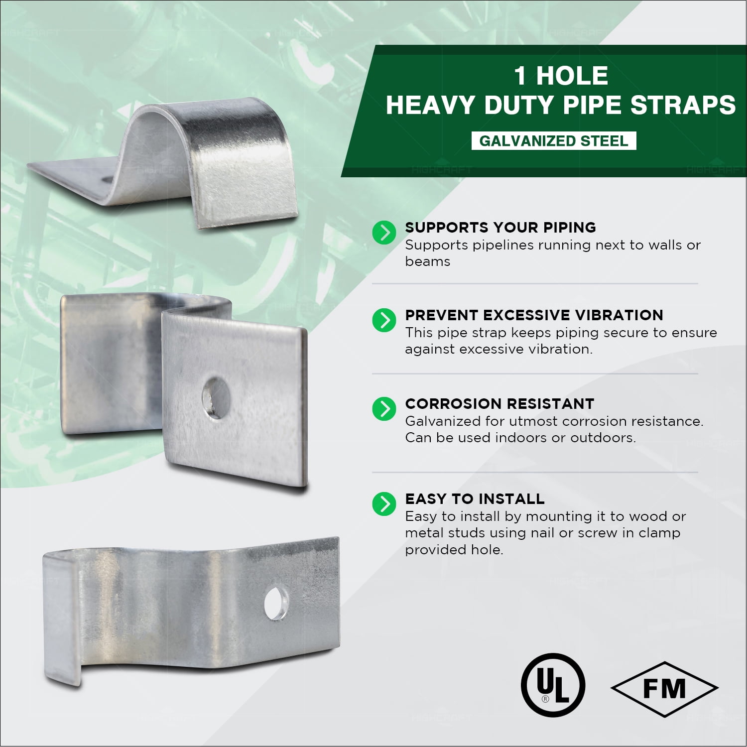 Highcraft One Hole Pipe Strap U-Bracket, 3/4", Galvanized,100 Pk