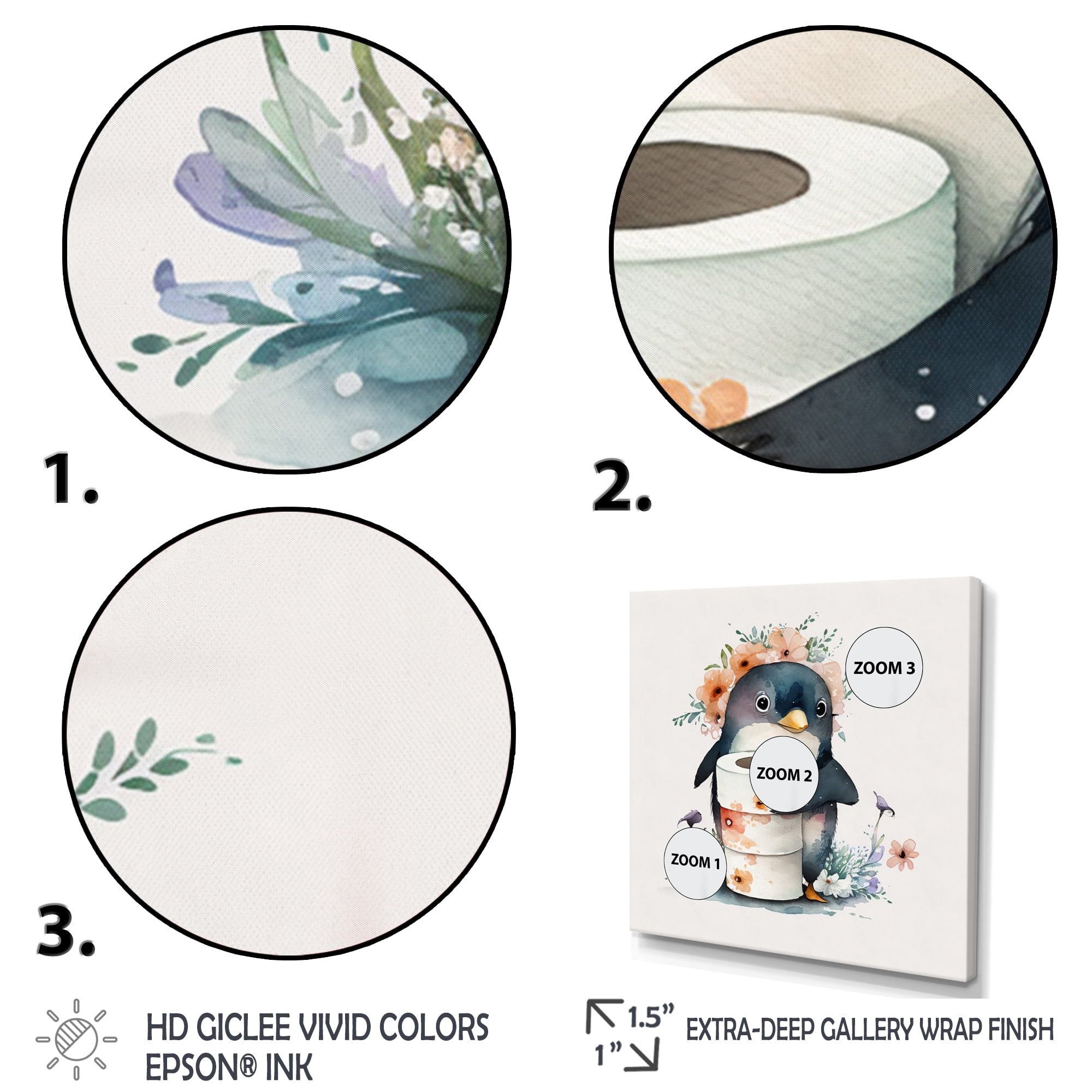 Designart Penguin With Roll Of Toilet Paper And Flowers Canvas Wall Art