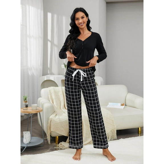 ebukurty Pajamas for Women Set 2 Piece Long Sleeved V-neck Black Plaid Pj Set, Sizes S/XL