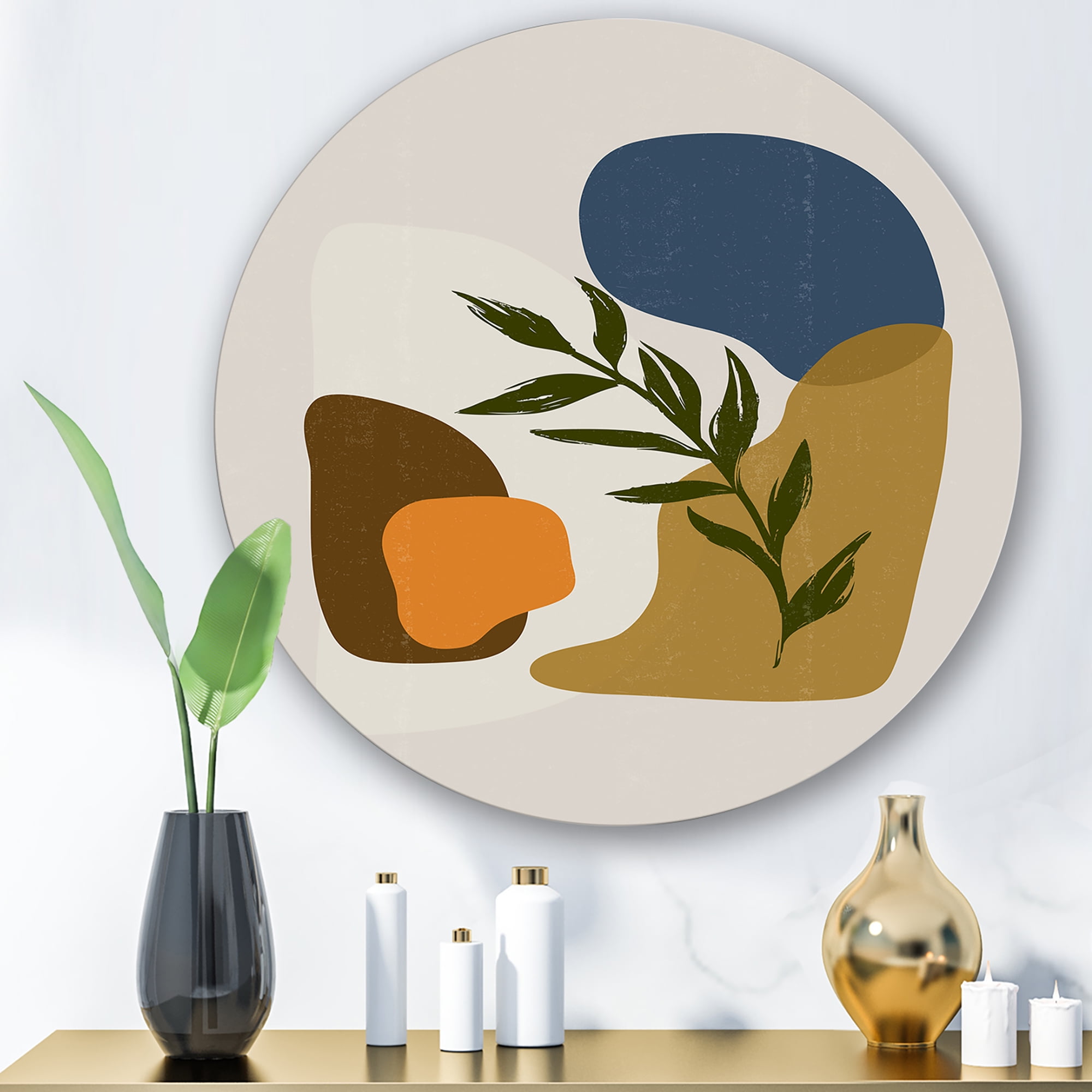 Designart 'Green Leaf With Botanical Minimalist Shapes' Modern Circle Metal Wall Art 11x11 - Disc of 11