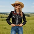 thumbnail image 2 of Womens Western Shirts Floral Print Cowgirl Shirts Long Sleeve Button Down Shirt Country Retro Tops Black M, 2 of 5