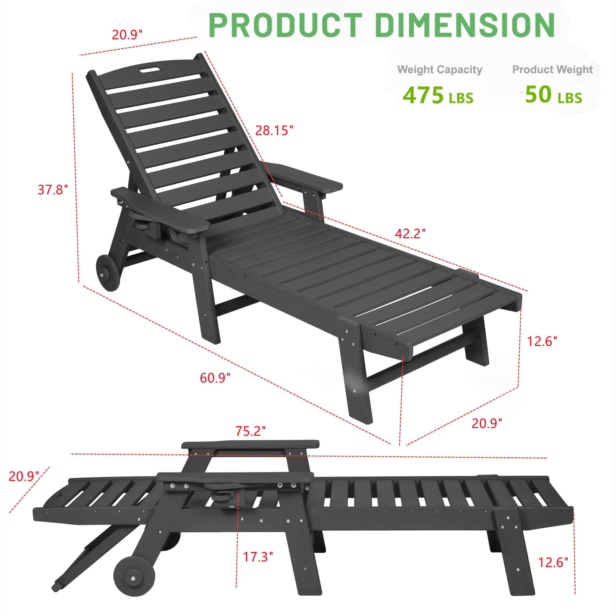 Aukfa 75" HDPE Outdoor Patio Chaise Lounge Chair with Cup Holder&Wheels, Adjustable Backrest, Gray