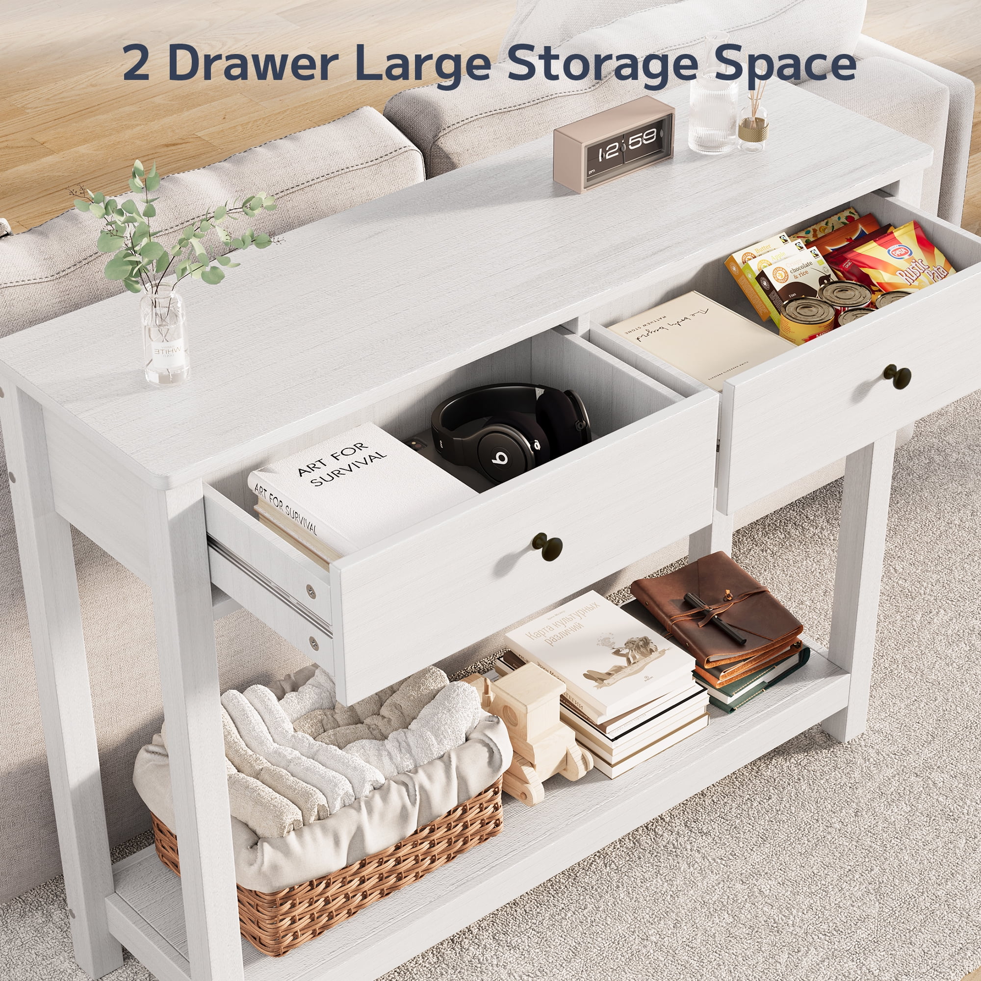 Asofer 39" Console Table with Open Storage, Long Sofa Table with 2 Drawers for Entryway, Hallway, Corridor, Front Hall, White