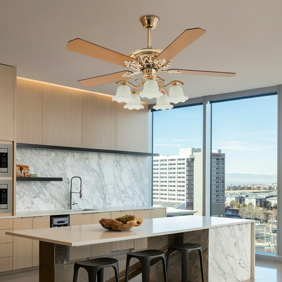 52-Inch Modern Ceiling Fan Light with Remote Control, Gold LED Chandelier Fan with 5 Frosted Glass Shades, Reversible Wood Blades for Living Room & Bedroom