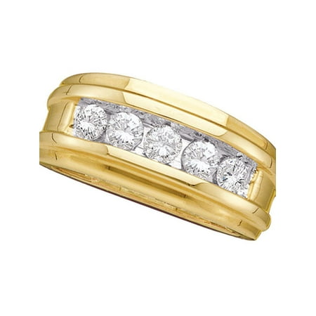 14k Mens Diamond Rings - 14kt Yellow Gold Mens Round Diamond Single Row Ridged Wedding Band Ring 1.00 Cttw