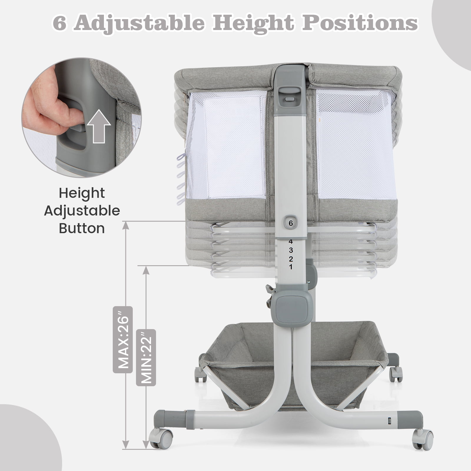 OLAKIDS 3-in-1 Baby Bassinet, Bedside Sleeper with Comfy Mattress, Wheels, 6-Height Adjustable, Storage Basket, Travel Bag, Portable Mesh Crib, Gray