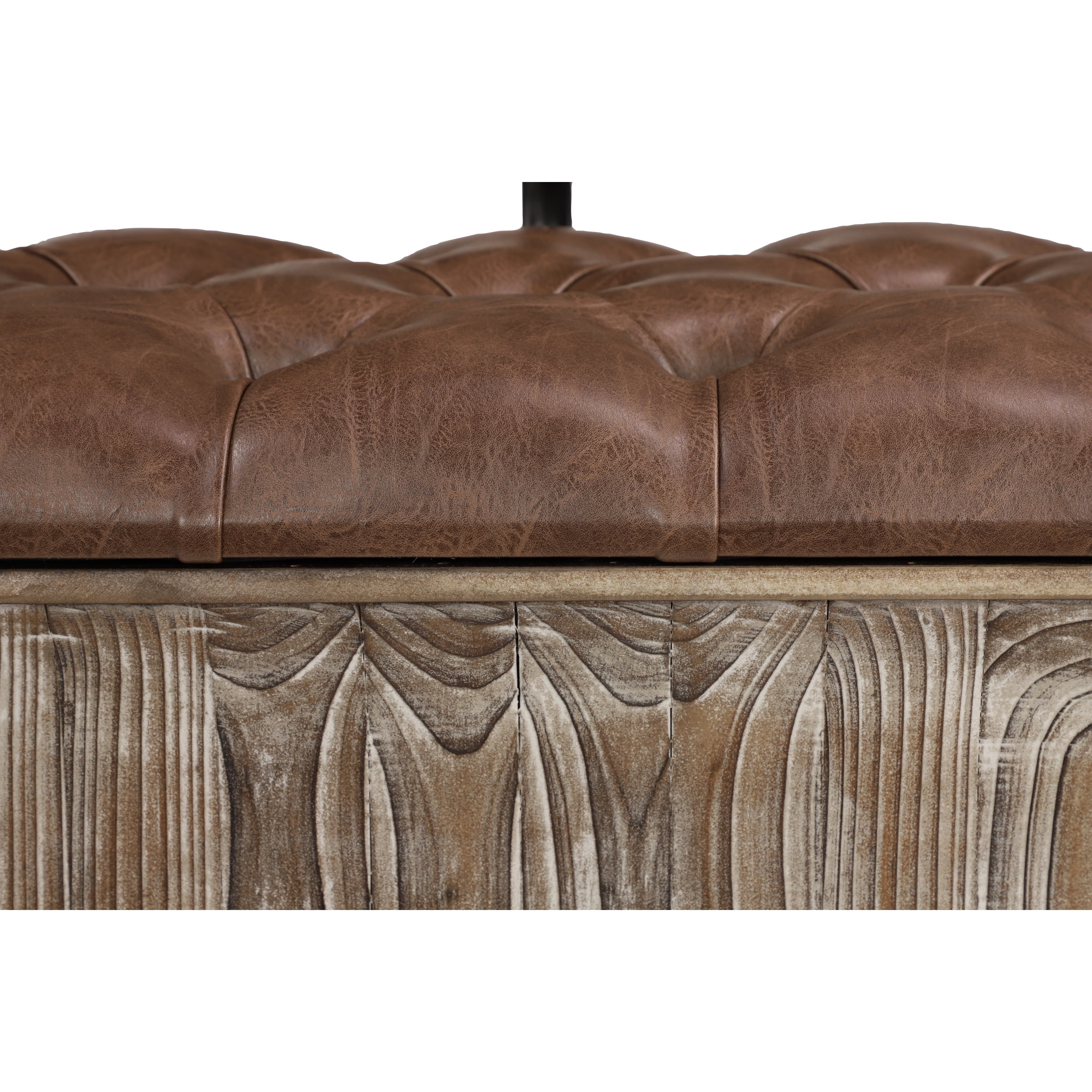 DecMode Wood Storage Bench with Tufted Faux Leather Seat and Back, Brown