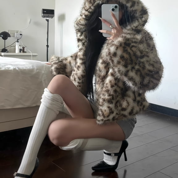 Women Leopard Print Hooded Short Coat Warm Autumn Winter Loose Fit Jacket