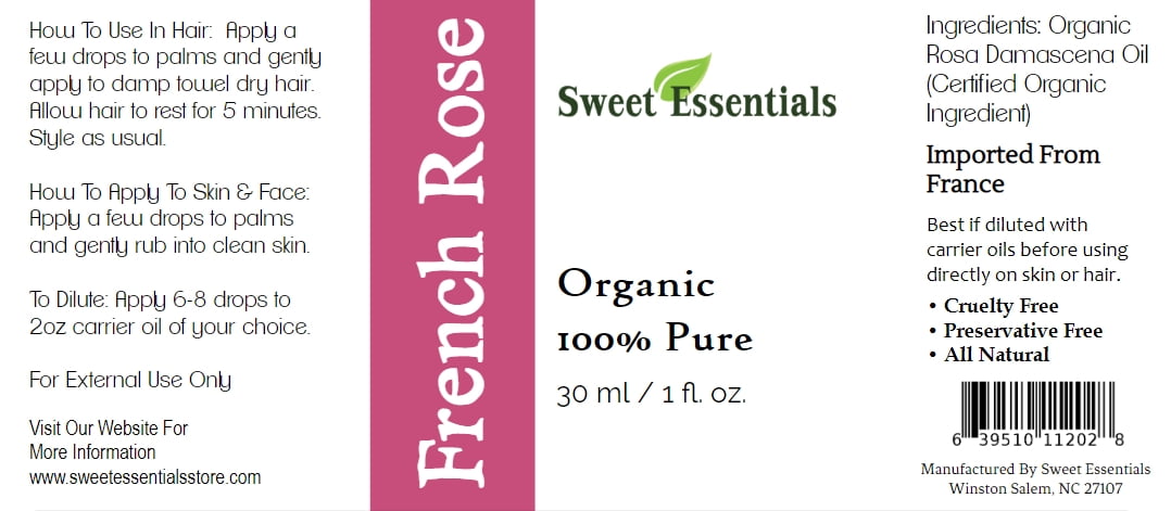 Organic French Rose Essential Oil - Rosa Damascena - 1oz - Imported from France - 100% Pure, Undiluted, Therapeutic Grade, Aromatherapy - Perfect for Diffusers, Hair, Skin and Nail Care