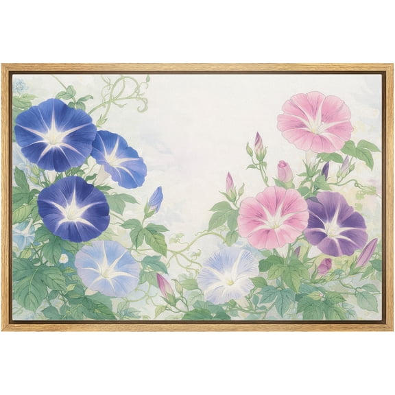 Framed Canvas Print Wall Art Morning Glory Flowers in Soft Hues Vintage Botanical Art for Living Room, Bedroom, Office - 16"x24" NATURAL