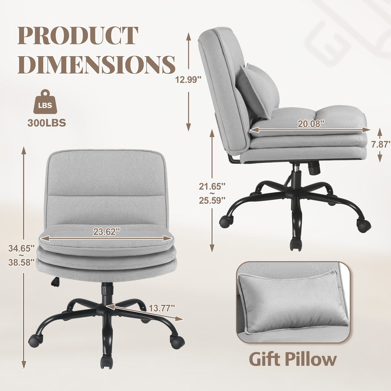 Homall Cross Legged Wide Seat Office Chair with Wheels,Office Armless Desk Chair, Modern Swivel Computer Task Chair Height Adjustable Vanity Chair,in Fabric,Gray