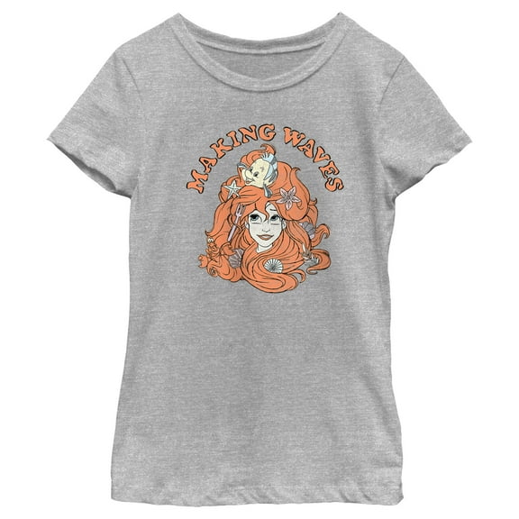 Girl's The Little Mermaid Ariel and Flounder Making Waves Graphic Tee Athletic Heather Medium