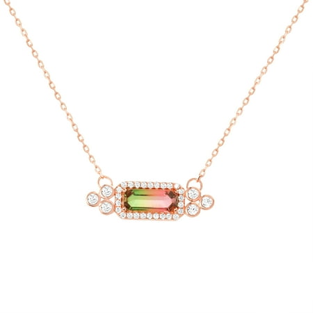 - Cubic Zirconia and Watermelon Tourmaline Baguette Center Halo Pendant Box Chain Necklace Set in Rose Gold over Sterling Silver