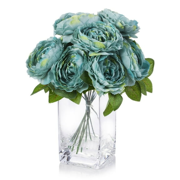 Enova Home Artificial Flowers Silk Peony Fake Flowers Arrangement in Rectangle Glass Vase with Faux Water for Home Office Wedding (Aqua)