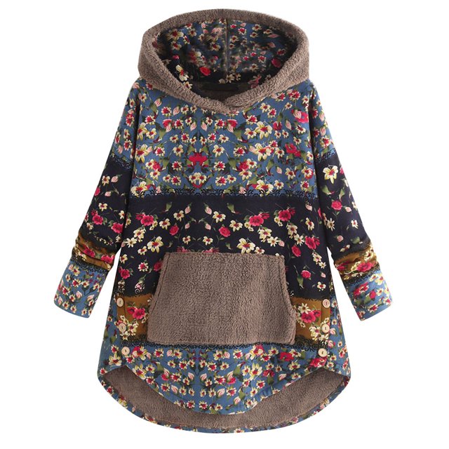Veste pour Femmes Imprimé Floral Patchwork Manches Longues avec Capuche et Poches Grande Taille Confortable