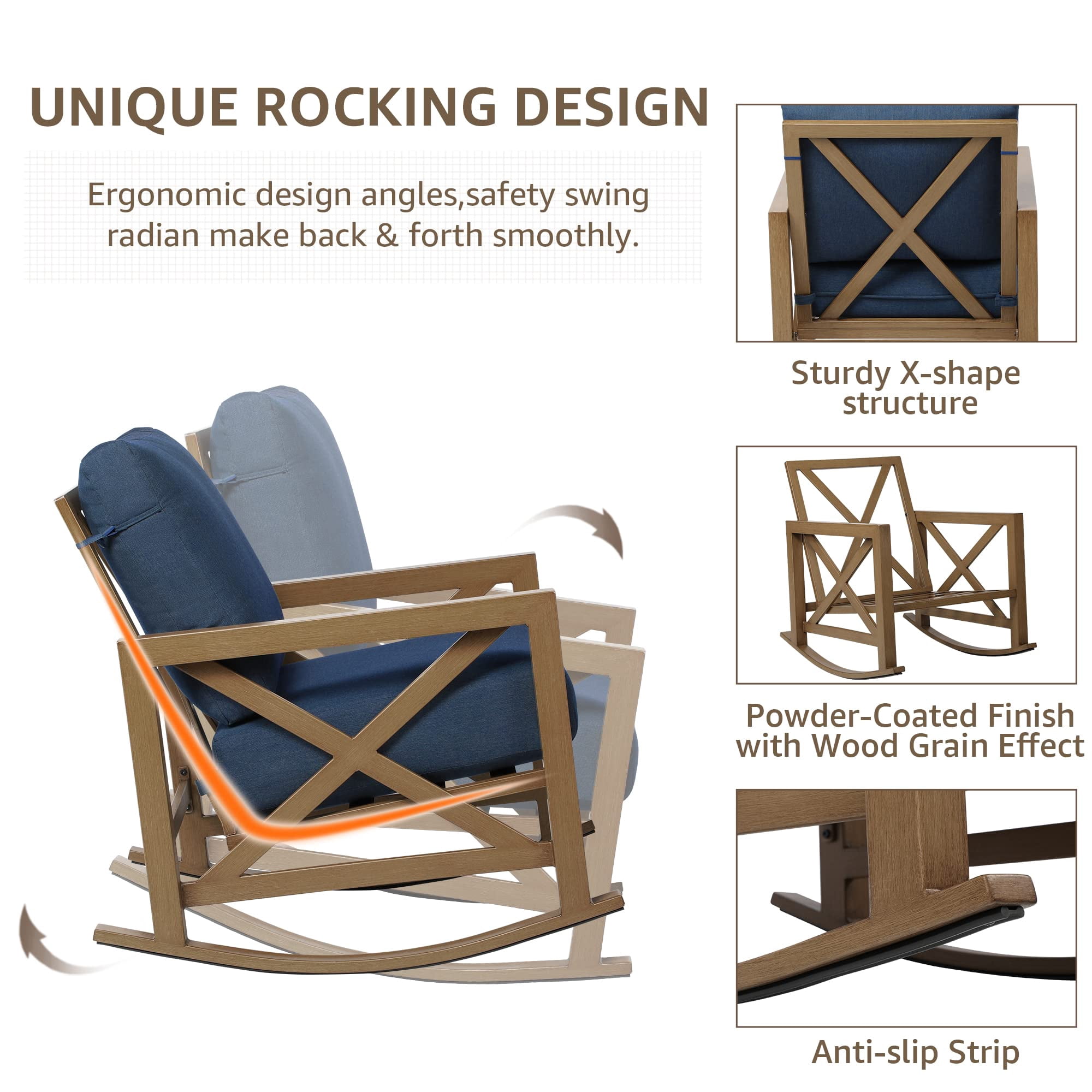NATURAL EXPRESSIONS Sunbrella Rocking Bistro Set, 3 Piece Outdoor Patio Conversation Furniture Set with 6.5'' Thick Cushions Wood Grain Finish Frame for Backyard,Porch,Poolside