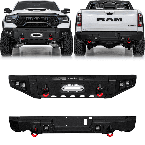 TIOYAR Textured Black Steel Front and Rear Bumper for 2019-2020-2021-2022-2023-2024 Dodge Ram 1500 (Not fit classic model) With Winch Plate&Lights
