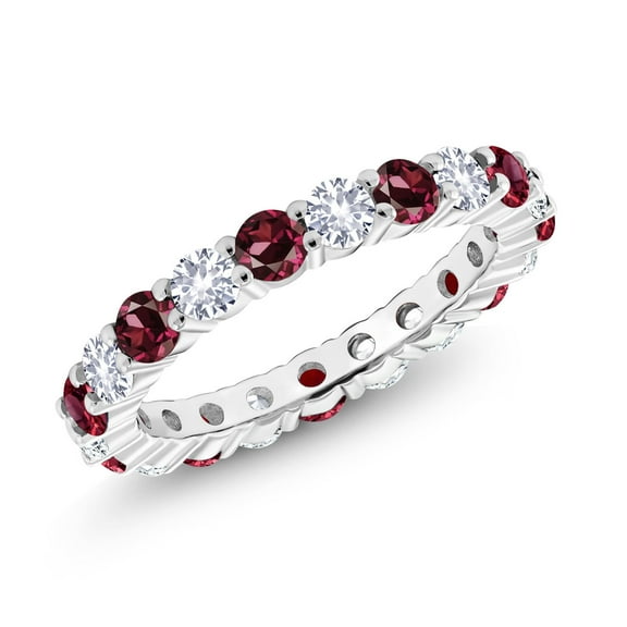 Gem Stone King 925 Sterling Silver Red Rhodolite Garnet and White Created Sapphire Women Eternity Band Ring (1.20 Cttw, Gemstone Birthstone, Size 7)