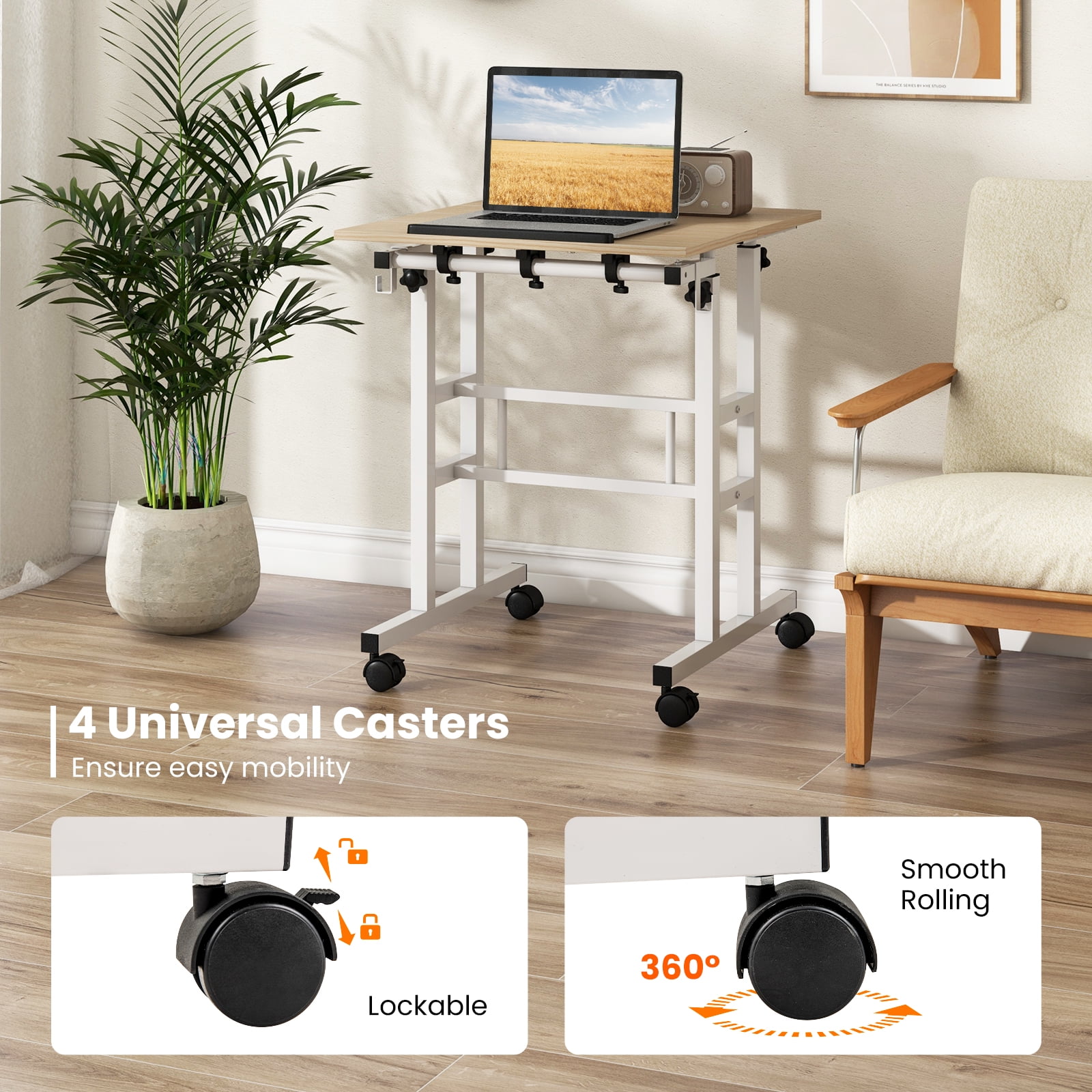 Giantex Mobile Standing Desk, Height Adjustable Sit to Stand Desk, Portable Laptop Desk, 2-Tier Computer Workstation for Home Office, Natural