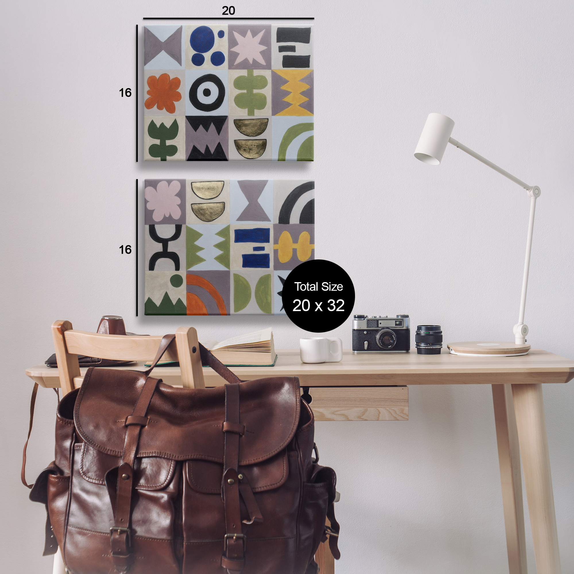 Stupell Industries Bohemian Shapes Squares Abstract Painting Wrapped Canvas Art Print Wall Art, 20 x 16, Set of 2