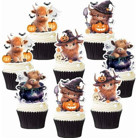 24Pcs Halloween Highland Cow Cupcake Toppers Decorations Cute Cow Pumpkin Cake Decor for Boys Girls Halloween Themed Birthday Baby Shower Party Decor Supplies