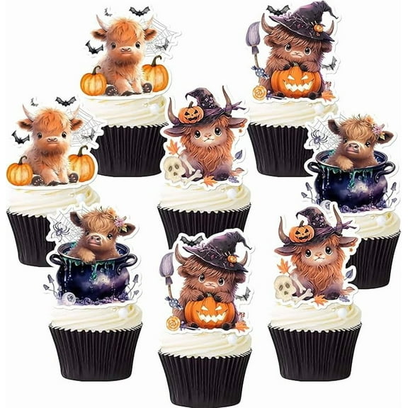 24Pcs Halloween Highland Cow Cupcake Toppers Decorations Cute Cow Pumpkin Cake Decor for Boys Girls Halloween Themed Birthday Baby Shower Party Decor Supplies