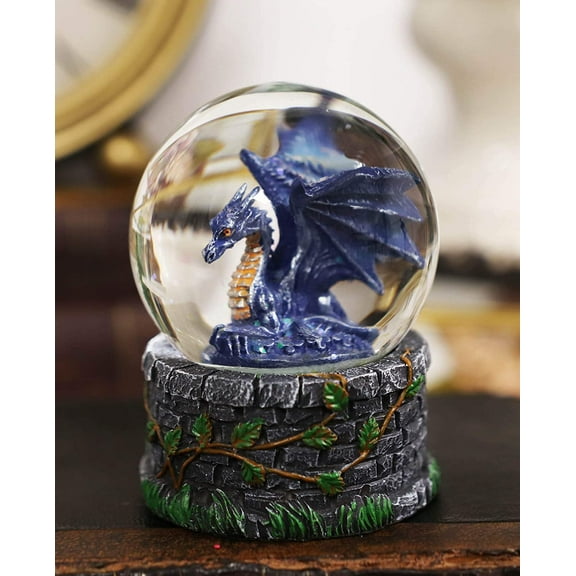 Ebros Small Fantasy Blue Midnight Dragon Sitting in Repose Glitter Water Globe