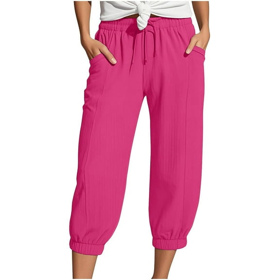 XIAOCHA Womens Pants Drawstring Elastic Waist Cropped Tapered Trousers Pure Color With Pockets Simple Long Sweatpants
