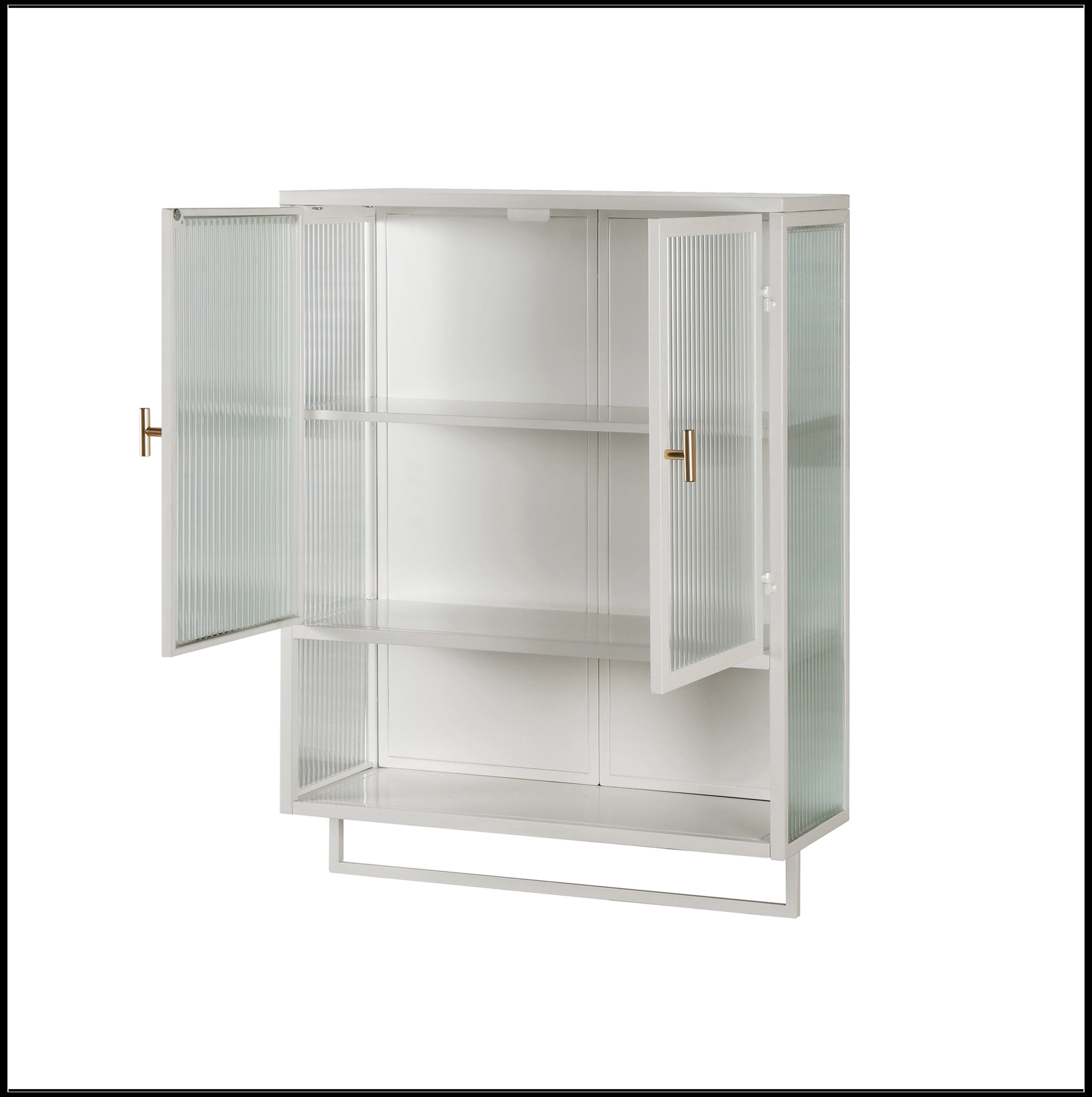 23.62"Glass Doors Modern Two-door Wall Cabinet with Featuring Two-tier Enclosed Storage, an Open Shelf, and Towel Rack, for Entryway Living Room Bathroom Dining Room