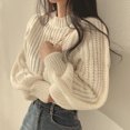 thumbnail image 3 of Autumn Winter Knitting Tops Round Neck Puff Long Sleeve Solid Color Loose Fit Casual Top Ribbed Trim Pullover Sweater, 3 of 8