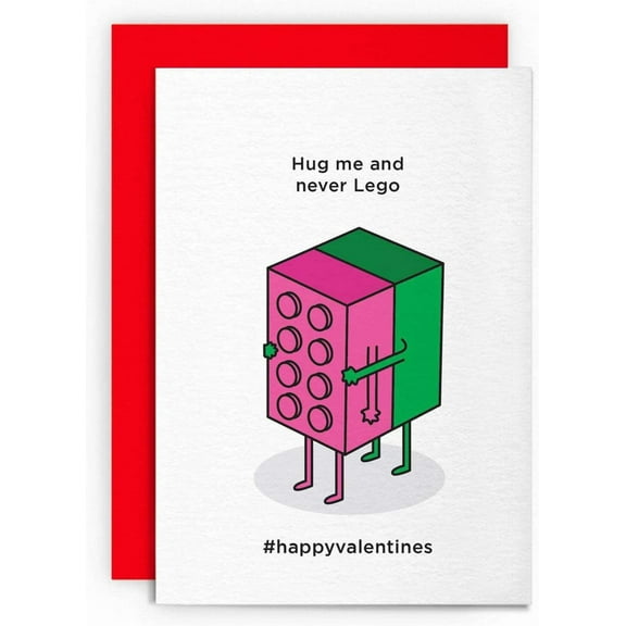 Hug Me and Never Lego Valentine's Card – Fun LEGO-Inspired Design with Envelope – Perfect for Sharing Love on Valentine's Day
