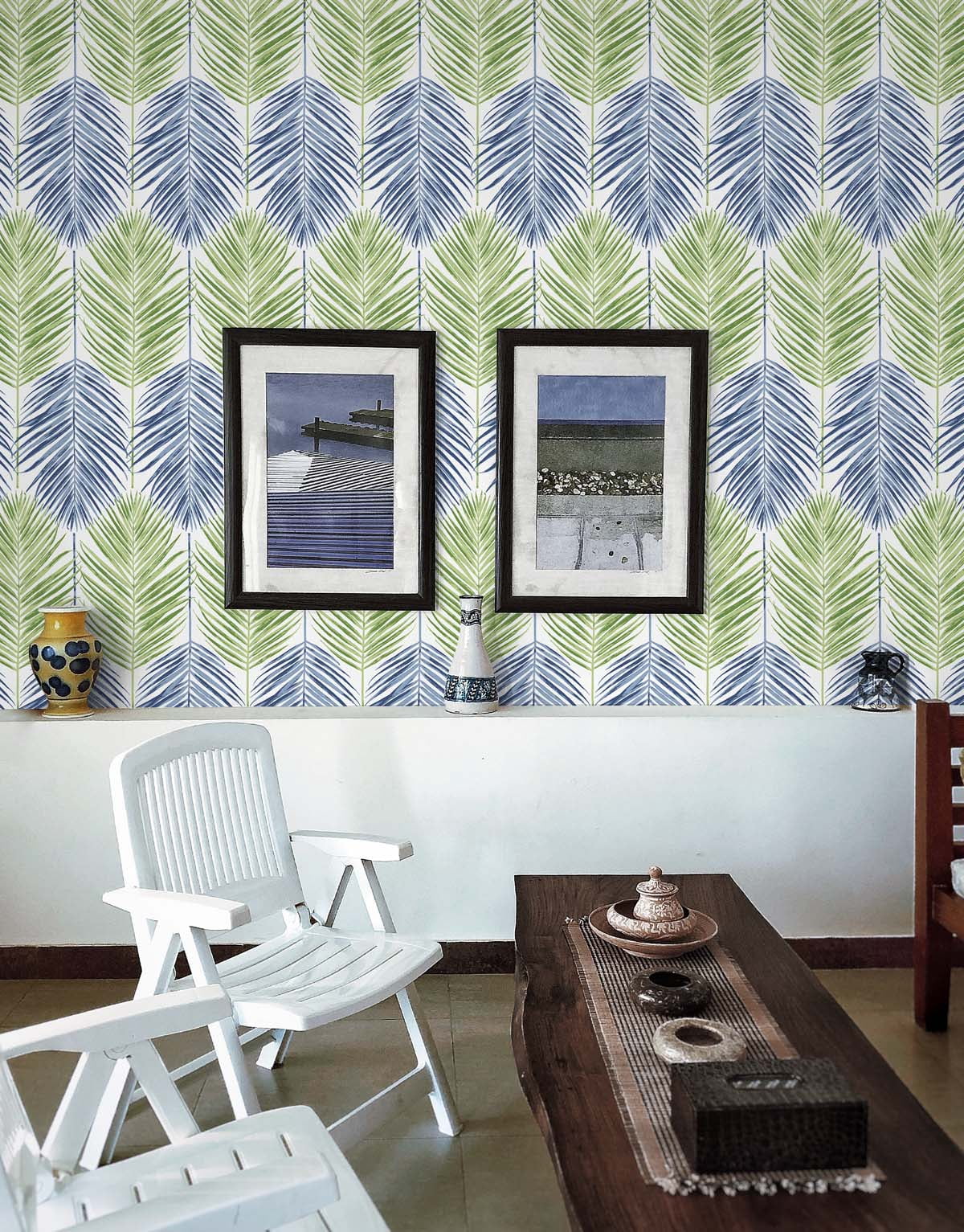 NextWall  Two Toned Palm Peel and Stick Wallpaper 20.5 in. W x 18 ft. L - Coastal Blue & Fern Green