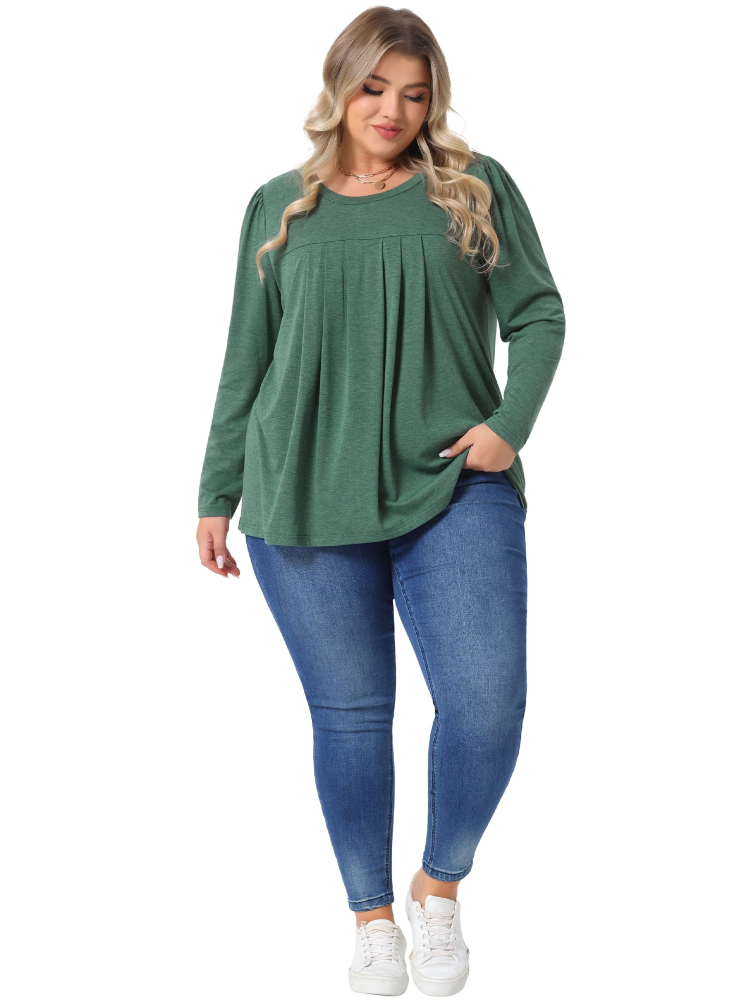 DARING DIVA Women's Plus Long Sleeve Pleated Crew Neck Blouse 2X Green