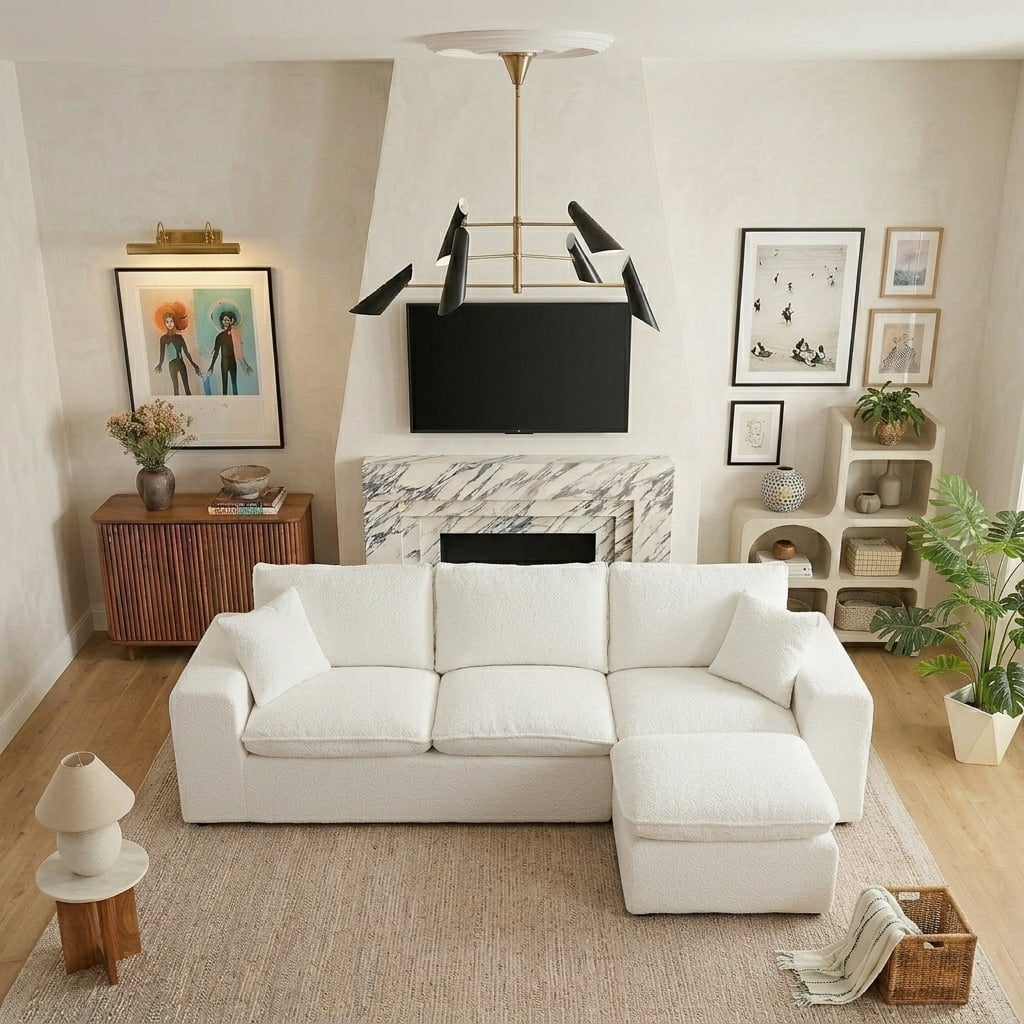 AISWORD 107" Modern Boucle Modular Sectional Cloud Sofa with Moveable Ottoman and Pillows
