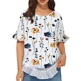 thumbnail image 1 of Camisa Informal Holgada A Rayas de Media con Cuello Redondo y Volantes para Mujer Estampado de Plumas L, 1 of 7