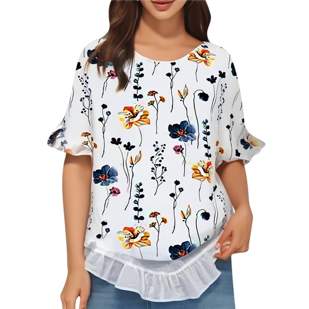 Camisa Informal Holgada A Rayas de Media con Cuello Redondo y Volantes para Mujer Estampado de Plumas XL