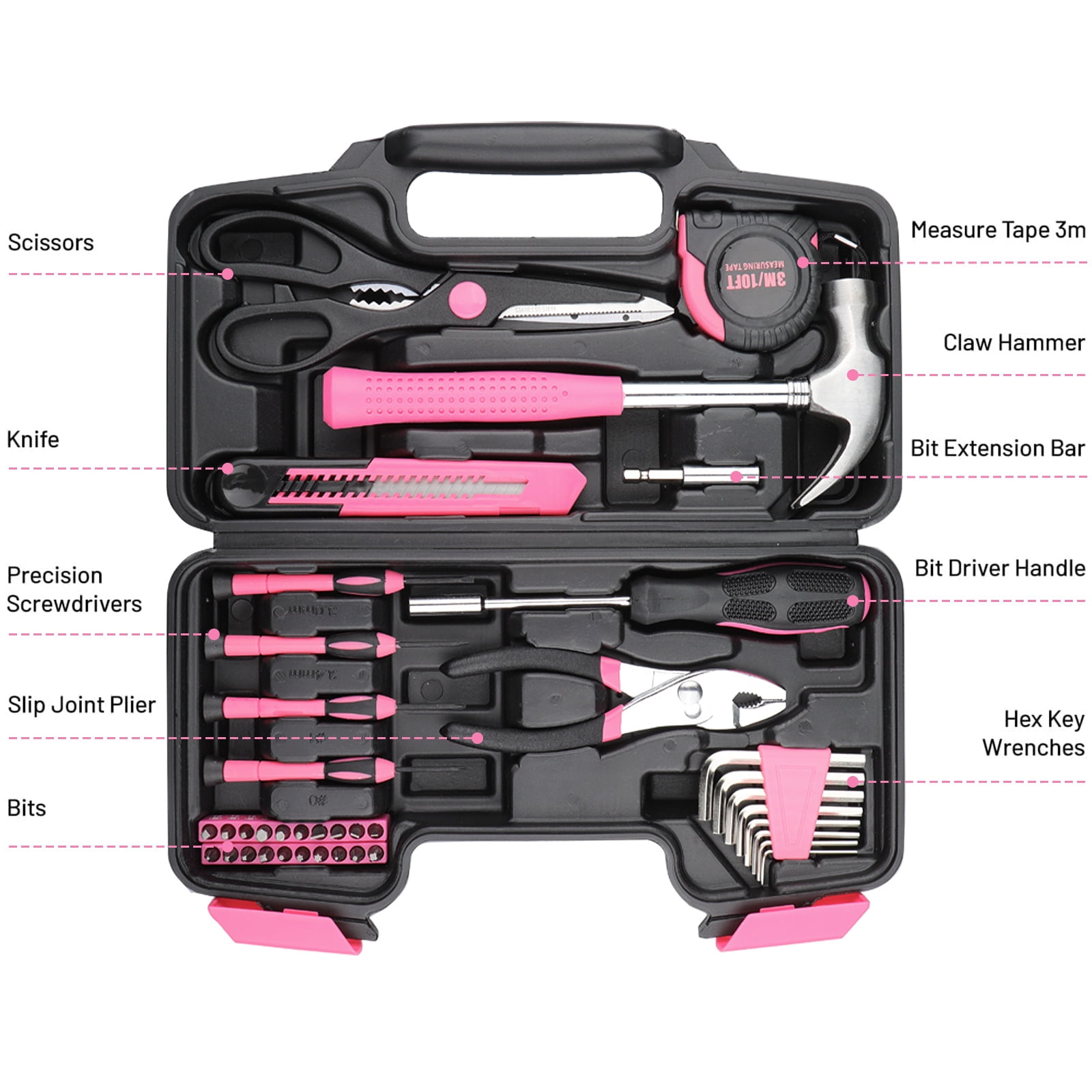 Lockways 39 PCS Pink Tool Set, with 14 Pcs Power Nuts, Basic Household Tool Kit, Fathers Day Gifts, All Purpose Tool Set with Tool Box for Home, Garage, Office and College Dormitory Use