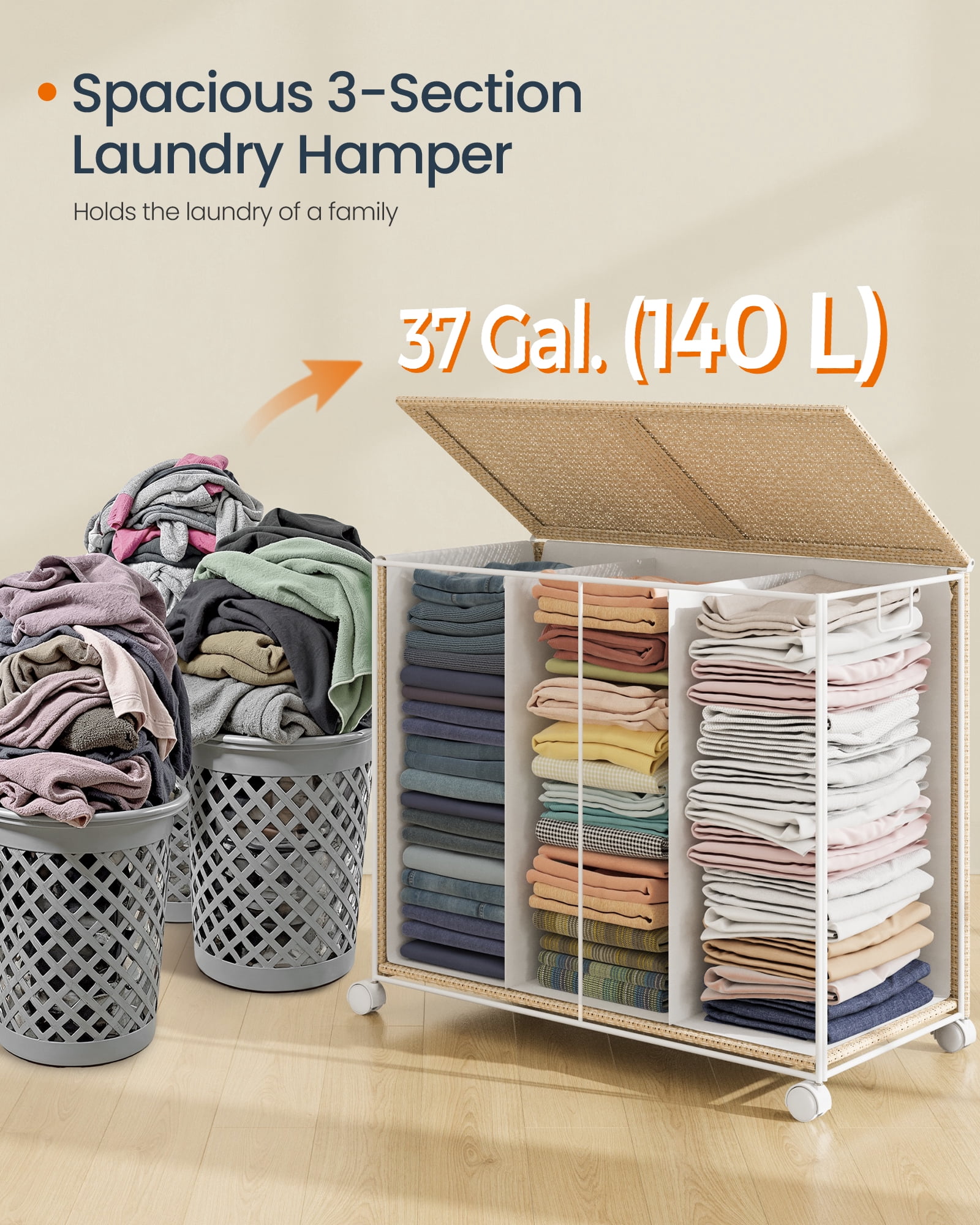 SONGMICS HOME Laundry Hamper with 3 Section, Large 140 L, Rolling, with Wheels and Lid, Removable Liner with Handles, Natural Beige and Matte White