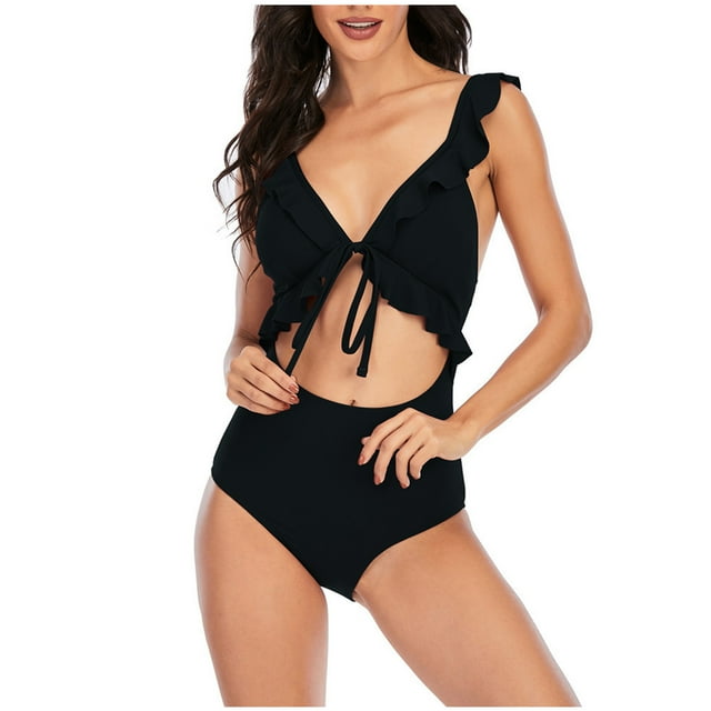 Bikini de Corte Alto de Mujer Bikinis sin Espalda Ajustables de Color Sólido, Traje de Baño Sexy Frenum Flounce con Almohadilla de Pecho
