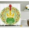 Rasta Shower Curtain, Reggae Music Makes Me Feel Good Quote Jamaican Island Culture Iconic Guitar, Fabric Bathroom Set with Hooks, 69W X 75L Inches Long, Green Yellow and Red, by Ambesonne