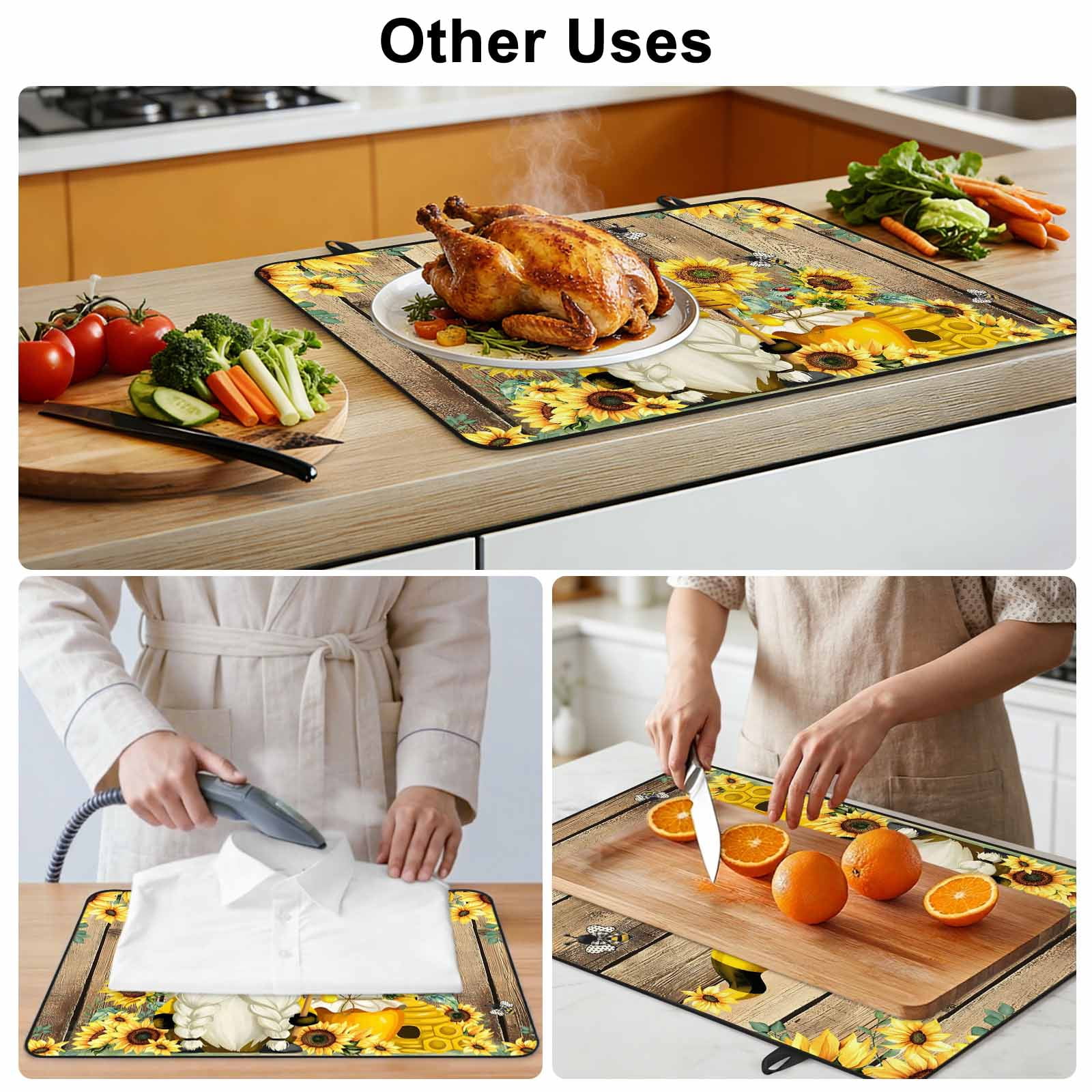 Yellow Sunflower Stove Top Cover for Electric Stove, Heat-proof & Non Slip Glass Top Stove Cover Protector, Farmhouse Wood Grain Bees Gnomes Kitchen Flat Cooktop Rubber Mat 36x21 Inches