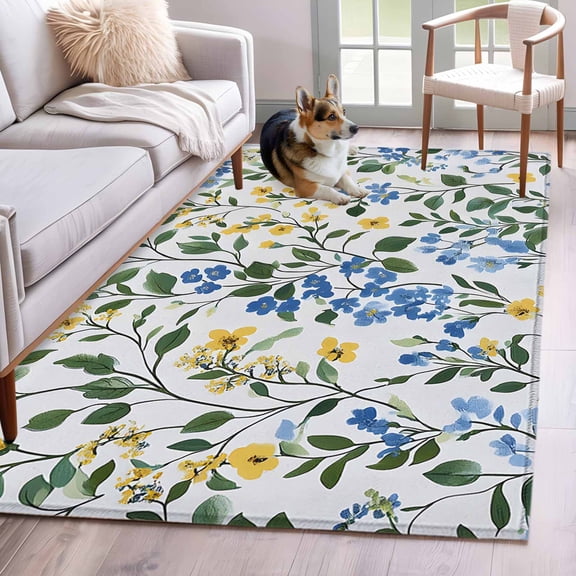 4'x6' Area Rugs, Blue Yellow Floral Spring Indoor Outdoor Area Rug for Living Room Bedroom, Green Pastoral Summer Botanical Washable Bathroom Rugs Kitchen Floor Carpet Mats Home Decor Aesthetic